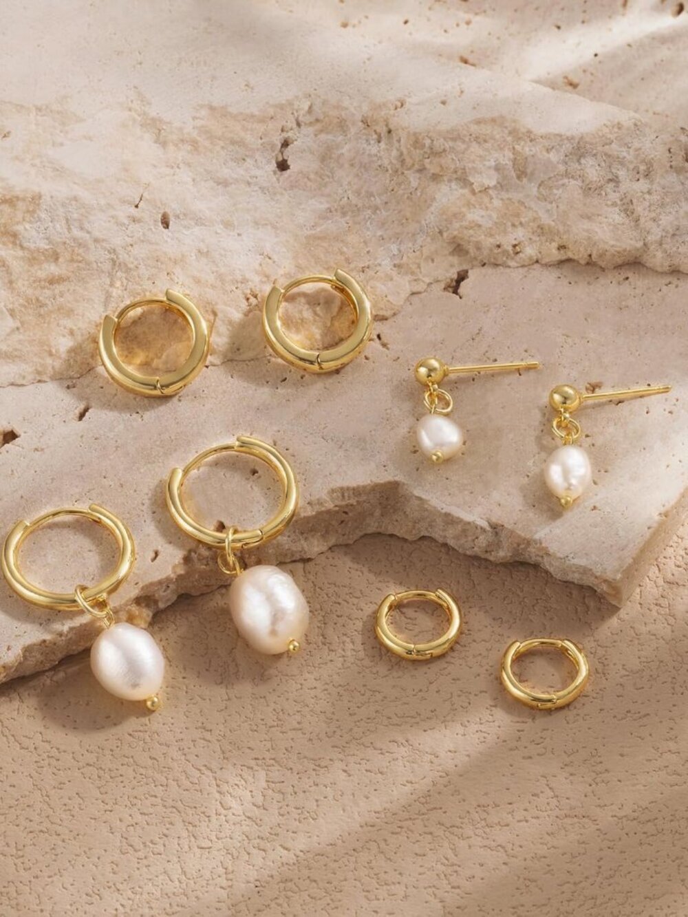 Women's 4 Pearl Earring Set 14k Gold Plated Jewelry Gold Hoop Earrings - Picture 6 of 6